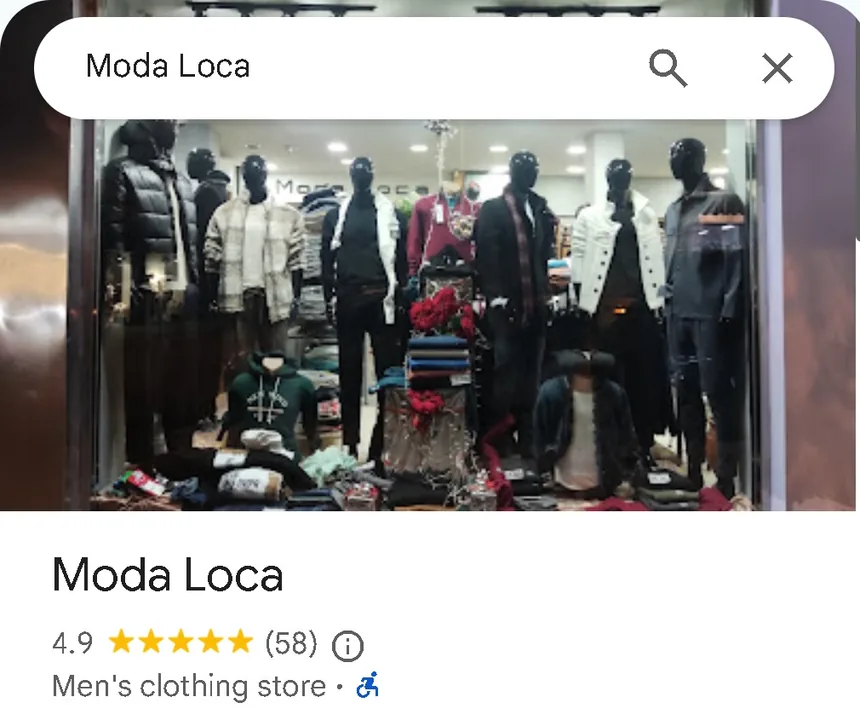Google listing for Moda Loca: 4.9 stars, 58 reviews.