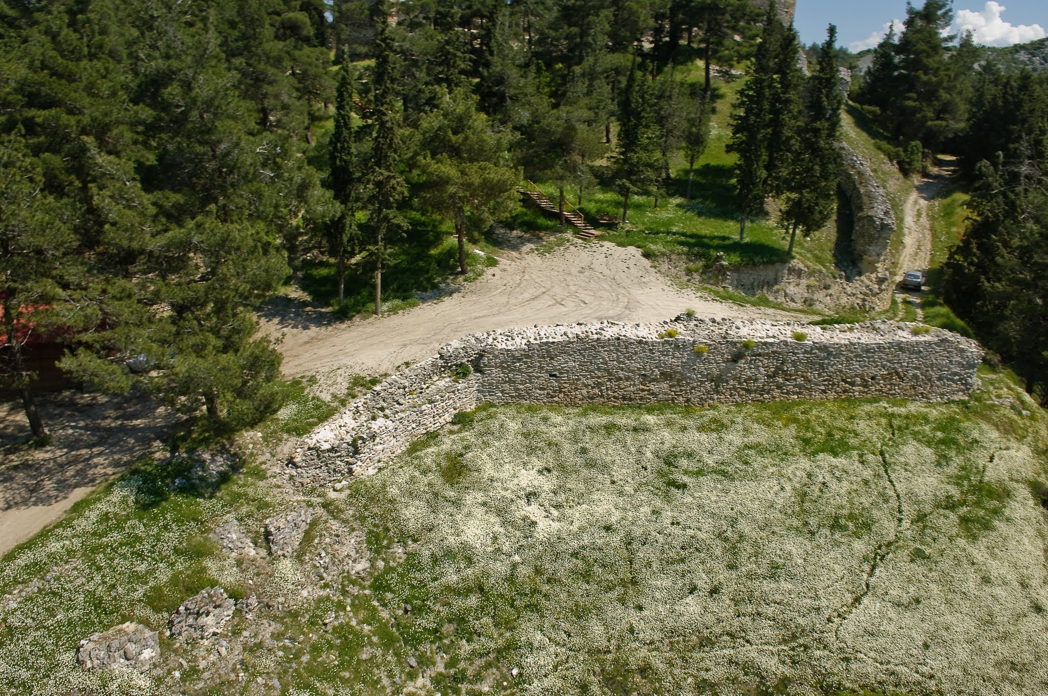 An aerial view of the historic stone ruins of Servia Castle, surrounded by a lush green forest and fields of wild white flowers.