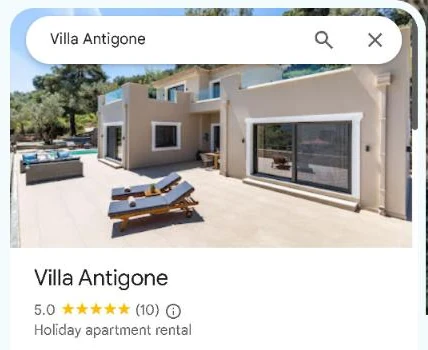 Google listing for Villa Antigone: 5.0 stars, 10 reviews.