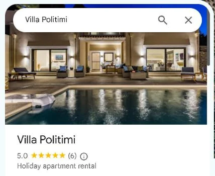 Google listing for Villa Politimi: 5.0 stars, 6 reviews.